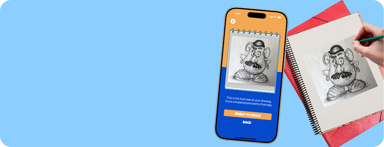 Young Sketch app on a phone beside a hand sketching in a notebook